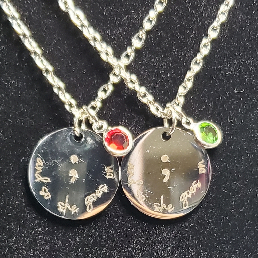 TWO New Mental Health Semicolon " And She Goes On " Friendship Necklaces